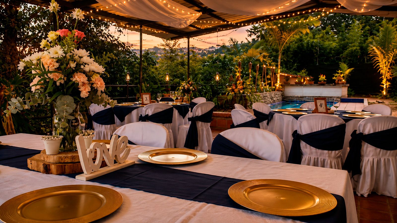 Montaje de mesas elegante al atardecer en Casa La Eleonora — platos dorados, centros de flores y vista al jardín con piscina